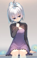 Rule 34 | 1girl, :o, black dress, blush, closed mouth, commentary request, creature, darker than black, dress, fingersmile, grey background, hair between eyes, half-closed eyes, hand up, head tilt, highres, long sleeves, looking at viewer, olive (laai), ponytail, purple dress, purple eyes, short dress, short hair, silver hair, sitting, yin (darker than black)