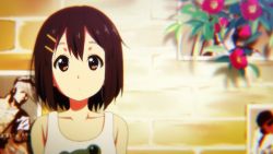 Rule 34 | 1girl, against wall, brick wall, brown eyes, brown hair, collarbone, flower, hair ornament, hairclip, highres, hirasawa yui, k-on!, looking at viewer, mio gure, open mouth, plant, poster (object), short hair, solo, tank top, upper body, wall