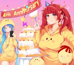 Rule 34 | &gt; &lt;, 2girls, absurdres, ahoge, anniversary, azur lane, blue hair, blunt bangs, blush, blush stickers, breasts, cake, cake slice, carrying, carrying under arm, cellphone, closed eyes, closed mouth, collarbone, creature, eating, food, food on face, fork, hair ornament, hair ribbon, hairclip, hat, helena (azur lane), highres, holding, holding fork, holding phone, holding plate, honolulu (azur lane), hood, hood down, hood up, hoodie, irohara, large breasts, long hair, manjuu (azur lane), multiple girls, orange ribbon, party hat, pennant, phone, pink background, plate, red eyes, red hair, ribbon, simple background, smartphone, smile, sparkling eyes, taking picture, twintails, v-shaped eyebrows, very long hair, wavy mouth, yellow hoodie