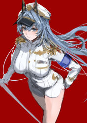 Rule 34 | 1girl, absurdres, armband, badge, blue eyes, blue hair, breasts, closed mouth, epaulettes, gloves, goddess of victory: nikke, hair intakes, hat, helm (nikke), highres, large breasts, long hair, long sleeves, looking at viewer, maria (syake-uni), military hat, military uniform, naval uniform, peaked cap, red background, shirt, shorts, simple background, solo, standing, uniform, white gloves, white shirt, white shorts