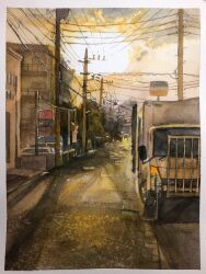 Rule 34 | border, building, car, day, highres, motor vehicle, no humans, original, painting (medium), power lines, road, road sign, scenery, sign, street, sunlight, tlctm7h8wdwnthx, traditional media, truck, utility pole, watercolor (medium), white border