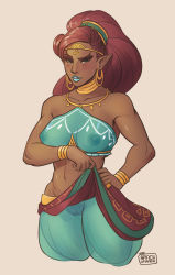 Rule 34 | 1girl, a pinch of vanilla, absurdres, artist name, blue eyes, blue lips, breasts, breasts apart, circlet, clothes lift, collarbone, dark-skinned female, dark skin, earrings, female pubic hair, gerudo, hand on own hip, highres, hoop earrings, jewelry, lipstick, makeup, medium breasts, midriff, navel, nintendo, nipples, no bra, no panties, pointy ears, pubic hair, pussy, red hair, see-through, skirt, skirt lift, solo, swept bangs, the legend of zelda, the legend of zelda: breath of the wild, toned, urbosa, wrist cuffs