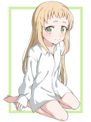 1girl barefoot blonde_hair blush closed_mouth collarbone crust_gm0 dot_nose feet female_focus full_body green_eyes highres inose_mai koisuru_asteroid long_hair long_sleeves looking_at_viewer no_pants no_shoes no_socks shirt simple_background smile solo