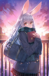 Rule 34 | 1girl, animal ear fluff, animal ears, bag, blue jacket, blue scarf, book, building, commentary request, fringe trim, glasses, grey hair, grey skirt, hagure keg, hair between eyes, hands up, highres, holding, holding book, jacket, long hair, long sleeves, looking at viewer, original, outdoors, own hands together, parted lips, plaid, plaid scarf, plaid skirt, pleated skirt, rabbit ears, railing, red eyes, round eyewear, scarf, school bag, skirt, sleeves past wrists, solo, sunset, very long hair