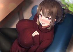 Rule 34 | 1girl, black pantyhose, blush, breasts, brown hair, couch, fang, hair between eyes, highres, indoors, large breasts, long sleeves, looking at viewer, mature female, open mouth, original, pantyhose, ponytail, red eyes, red sweater, ribbed sweater, sasakuma kyouta, sitting, sleeves past wrists, smile, solo, sweater, table, turtleneck, turtleneck sweater, wooden floor