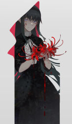 Rule 34 | 1girl, akemi homura, akemi homura (black dress), black capelet, black dress, black hair, black hairband, black ribbon, blood, blood drip, blood on clothes, blood on face, blood on hands, capelet, closed mouth, commentary, die (die0118), dress, eyes visible through hair, feet out of frame, flower, funeral dress, grey background, hairband, highres, holding, holding flower, long dress, long hair, looking at viewer, mahou shoujo madoka magica, mahou shoujo madoka magica: hangyaku no monogatari, neck ribbon, official alternate costume, purple eyes, red flower, ribbon, simple background, solo, spider lily, very long hair