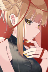 Rule 34 | 1girl, absurdres, alternate costume, arm at side, bare shoulders, black bra, black sweater, blonde hair, blunt bangs, blurry, boku no hero academia, bra, bra peek, breasts, bright pupils, closed mouth, depth of field, double bun, from side, frown, gradient background, hair behind ear, hair bun, half-closed eyes, hand on own chest, hand on own chin, hand up, highres, lace, lace-trimmed bra, lace trim, long eyelashes, looking at viewer, medium breasts, messy hair, nail polish, nanomitw (jackson2444), portrait, profile, red background, ribbed sweater, ribbon, short hair with long locks, sidelocks, sideways glance, simple background, sleeveless, sleeveless sweater, solo, sweater, taut sweater, toga himiko, turtleneck, turtleneck sweater, underwear, upper body, yellow eyes, yellow nails