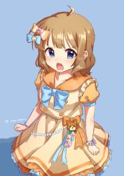 Rule 34 | 1girl, ahoge, angry, blue background, blue bow, blue bowtie, blush, bow, bowtie, buttons, clenched hands, commentary, dot nose, dress, frilled dress, frills, hair bow, highres, idolmaster, idolmaster million live!, idolmaster million live! theater days, looking at viewer, medium hair, open mouth, orange bow, orange dress, puffy short sleeves, puffy sleeves, short sleeves, sidelocks, solo, suou momoko, teddy bear ornament, twitter username, usagichama, v-shaped eyebrows, wavy hair