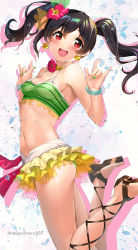 Rule 34 | :d, absurdres, black hair, breasts, earrings, frilled skirt, frills, highres, jewelry, long hair, looking at viewer, love live!, nakano maru, open mouth, red eyes, skirt, small breasts, smile, star (symbol), star earrings, thighs, twintails, twitter username, yazawa nico, yellow skirt