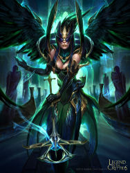 Rule 34 | 1girl, artist name, black hair, boat, breasts, cleavage, copyright name, dated, feathered wings, gloves, guan-yu chen, highres, legend of the cryptids, long hair, magic, mask, official art, solo, staff, statue, watercraft, wings