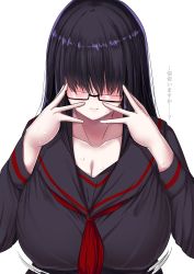 Rule 34 | 1girl, absurdres, ar (lover boy), black-framed eyewear, black hair, bouncing breasts, breasts, cleavage, collarbone, commentary request, glasses, hair over eyes, highres, huge breasts, long hair, looking at viewer, original, school uniform, serafuku, shy, simple background, solo, translation request, upper body, white background