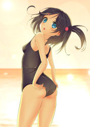 Rule 34 | 10s, 1girl, :o, absurdres, adjusting clothes, adjusting swimsuit, ass, back, bare shoulders, beach, black hair, black one-piece swimsuit, blue eyes, blush, breasts, cowboy shot, hair ornament, hairclip, hentai ouji to warawanai neko., highres, legs, lens flare, looking at viewer, looking back, ocean, odamanoe, one-piece swimsuit, open mouth, outdoors, parted bangs, profile, school swimsuit, short hair, side ponytail, sky, small breasts, solo, standing, sun, sunset, surprised, swimsuit, thighs, tsutsukakushi tsukiko, water