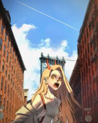 Rule 34 | 1girl, blonde hair, breasts, brooklyn bridge, chainsaw man, cloud, collarbone, commentary, contrail, english commentary, grey jacket, hair behind ear, highres, horns, jacket, long hair, looking at viewer, medium breasts, new york, off shoulder, open mouth, orange eyes, power (chainsaw man), procreate (medium), shanesupro, sharp teeth, sky, solo, tank top, teeth, white tank top