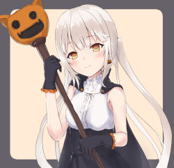 Rule 34 | 1girl, black gloves, blush, breasts, cape, closed mouth, earrings, food-themed earrings, food themed earrings, gloves, grey hair, halloween, hands up, highres, holding, jewelry, long hair, looking at viewer, orange eyes, original, parufeito, pumpkin, pumpkin earrings, sidelocks, simple background, small breasts, smile, solo