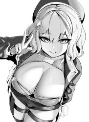 Rule 34 | 1girl, absurdres, ahoge, anis (nikke), black jacket, black shorts, breasts, cleavage, crop top, goddess of victory: nikke, greyscale, hat, highres, jacket, large breasts, long sleeves, looking at viewer, monochrome, open clothes, open jacket, self-upload, short hair, short shorts, shorts, smile, solo, soruex