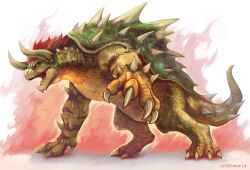 absurdres artist_name bowser claws colored_sclera dragon full_body highres horns mario_(series) monster monster_focus monster_hunter_(series) nintendo no_humans official_style open_mouth parody red_hair red_sclera redesign scales sharp_teeth slit_pupils solo spiked_shell spiked_tail spikes tail teeth turtle_shell uchi_vs_the_world