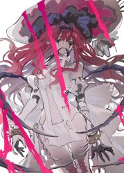 Rule 34 | 1girl, bandages, baobhan sith (fate), baobhan sith (third ascension) (fate), bare shoulders, breasts, fate/grand order, fate (series), grey eyes, hat, long hair, looking at viewer, medium breasts, mimulishizi, mouth hold, pointy ears, red hair, simple background, skirt, solo, standing, white background