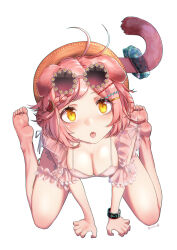 Rule 34 | 1girl, animal ears, arknights, artist name, barefoot, bikini, black bracelet, bracelet, braid, braided bangs, breasts, cat ears, cat girl, cat tail, eyewear on head, feet, floppy ears, frills, from above, full body, goldenglow (arknights), goldenglow (summer flowers) (arknights), hair ornament, hairclip, highres, jacket, jewelry, large breasts, legs, looking at viewer, medium hair, on ground, open mouth, parted bangs, pink bikini, pink hair, pink jacket, pink tail, scottish fold, simple background, sitting, soles, solo, sunglasses, swimsuit, tail, toes, tongue, wariza, white background, yamauchi (conan-comy), yellow eyes