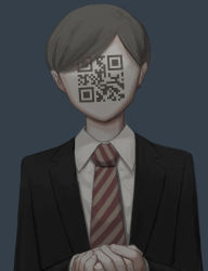 Rule 34 | 1boy, absurdres, annotation, avogado6, black jacket, blue background, business suit, collared shirt, commentary request, faceless, faceless male, facing viewer, formal, highres, jacket, long sleeves, male focus, necktie, original, own hands clasped, own hands together, qr code, red necktie, shirt, simple background, solo, striped necktie, striped neckwear, suit, translated, upper body, white shirt, wing collar