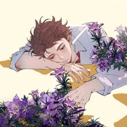 Rule 34 | 1boy, 2022, brown eyes, brown hair, character name, collared shirt, commentary, dated, english commentary, flower, gentiana (flower), haikyuu!!, lips, long sleeves, male focus, necktie, oikawa tooru (haikyuu!!), red necktie, shirt, short hair, short sleeves, sleeves rolled up, solo, syurei, upper body