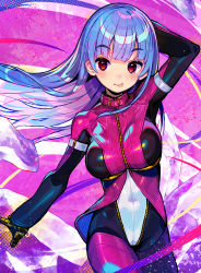 Rule 34 | 1girl, arm behind head, arm up, armband, blue hair, bodysuit, breasts, chaps, commentary request, covered navel, gauntlets, gloves, groin, kula diamond, large breasts, light blue hair, light blush, long hair, looking at viewer, multicolored background, onono imoko, pink bodysuit, red eyes, smile, solo, the king of fighters, thighs, tongue, tongue out, yellow gloves, zipper