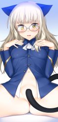 Rule 34 | 1girl, animal ears, blonde hair, blush, cat ears, covering privates, covering crotch, glasses, highres, long hair, military, no panties, perrine h. clostermann, solo, spread legs, strike witches, suzume inui, tail, underwear, uniform, world witches series, yellow eyes