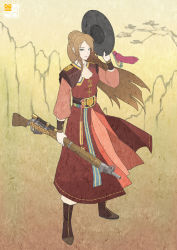 Rule 34 | alternate costume, bolt action, brown hair, dress, girls&#039; frontline, green eyes, gun, hat, unworn hat, unworn headwear, lee-enfield, lee-enfield (girls&#039; frontline), long hair, long skirt, long sleeves, red dress, red footwear, red skirt, ribbon, rifle, simple background, skirt, sniper rifle, solo, traditional clothes, vcntkm, weapon