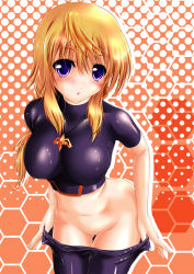 Rule 34 | 10s, 1girl, :o, bad id, bad pixiv id, blonde hair, blush, bodysuit, breasts, charlotte dunois, chestnut mouth, clothes pull, covered erect nipples, cowboy shot, crop top, crossdressing, groin, hair between eyes, halftone, halftone background, hexagon, honeycomb (pattern), honeycomb background, honeycomb pattern, impossible clothes, impossible shirt, infinite stratos, jewelry, large breasts, leaning forward, long hair, looking at viewer, low ponytail, navel, necklace, open mouth, orange background, pants, pants pull, pendant, pilot suit, ponytail, pulling own clothes, purple eyes, sakurajousui neko, shadow, shiny clothes, shirt, sidelocks, skin tight, solo, spandex, thigh gap, tight clothes, tight shirt, turtleneck, undressing