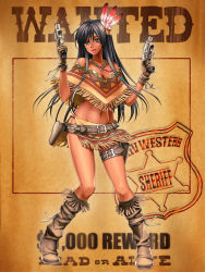 Rule 34 | 1girl, aoi subaru, belt, black hair, blue eyes, boots, breasts, cleavage, cowboy western, dark-skinned female, dark skin, dual wielding, feathers, fringe trim, gun, handgun, hands on own hips, headband, headdress, highres, holding, holster, jewelry, large breasts, long hair, midriff, native american, native american headdress, necklace, original, poncho, revolver, solo, squaw, thigh holster, thigh strap, wanted, weapon