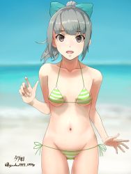 Rule 34 | 1girl, artist name, beach, bikini, blue sky, blunt bangs, blurry, bow, breasts, brown eyes, collarbone, commentary request, cowboy shot, day, depth of field, gluteal fold, green bikini, green bow, grey hair, groin, hair bow, highres, horizon, kantai collection, long hair, looking at viewer, navel, ocean, open mouth, outdoors, side-tie bikini bottom, sky, small breasts, solo, standing, striped bikini, striped clothes, swimsuit, twitter username, yuubari (kancolle), yuushou