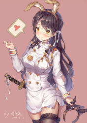 Rule 34 | 1girl, aiguillette, animal ears, atago (azur lane), azur lane, bad id, bad pixiv id, badge, black hair, blush, breasts, brown hairband, brown thighhighs, buttons, closed mouth, commentary request, cowboy shot, dated, dog ears, double-breasted, epaulettes, fake animal ears, fang, garter straps, hair ribbon, hairband, hand up, heart, highres, holding, jacket, katana, large breasts, long hair, long sleeves, looking at viewer, military, military jacket, military uniform, miniskirt, mole, mole under eye, nail polish, pencil skirt, pink background, print thighhighs, rabbit ears, red nails, ribbon, sheath, sheathed, simple background, skirt, smile, solo, speech bubble, spoken heart, standing, swept bangs, sword, taut jacket, thighhighs, turtleneck, uniform, wavy mouth, weapon, white jacket, white ribbon, white skirt, wolf ears, xi zhujia de rbq, yellow eyes, zettai ryouiki