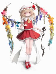 Rule 34 | 1girl, back bow, blonde hair, blush, bow, bracelet, collared shirt, expressionless, flandre scarlet, flower wings, frilled shirt collar, frilled skirt, frilled socks, frills, full body, hat, highres, jewelry, laevatein (touhou), long hair, mary janes, mob cap, pink eyes, pleated skirt, reverinth, shirt, shoes, short sleeves, simple background, skirt, slit pupils, socks, solo, touhou, white background, wings