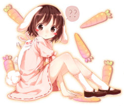 Rule 34 | 1girl, animal ears, between legs, blood, blush stickers, brown hair, buriki, carrot, child, female focus, inaba tewi, mary janes, nosebleed, rabbit, rabbit ears, rabbit girl, rabbit tail, red eyes, shoes, short hair, sitting, solo, tail, touhou