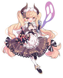 Rule 34 | 1girl, absurdres, apron, black bow, black dress, black footwear, blonde hair, bow, breasts, cleavage, cup, demon horns, dress, earrings, fangs, full body, ghost, hair bow, highres, horns, ibex, jewelry, maid apron, medium breasts, monocle, original, pantyhose, pink eyes, pointy ears, pouring, skull, solo, standing, standing on one leg, teacup, twintails, white background, white pantyhose