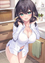 Rule 34 | 1girl, bathroom, blouse, blush, breasts, brown hair, buttons, cleavage, collarbone, commentary, cowboy shot, green eyes, hair between eyes, hand in own hair, highres, large breasts, long hair, looking at viewer, midriff peek, mirror, navel, open collar, open mouth, original, panties, plant, reflection, scrunchie, sena chifuyu, shelf, shirt, sink, smile, soap bottle, solo, thighs, tile floor, tiles, towel, towel rack, twintails, unbuttoned, underwear, white panties, white shirt