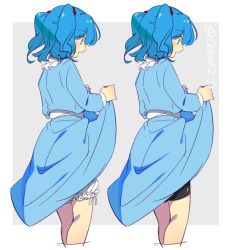 Rule 34 | 1girl, bad id, bad twitter id, bike shorts, bloomers, blue dress, blue eyes, blue hair, clothes lift, dress, eyebrows, frills, from side, hair bobbles, hair ornament, kawashiro nitori, lifted by self, long sleeves, matching hair/eyes, multiple views, no headwear, no headwear, open mouth, shirt, short hair, skirt, skirt hold, skirt lift, skirt set, standing, tori (otori), touhou, twintails, twitter username, two side up, underwear