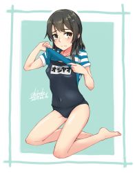 Rule 34 | 1girl, alakoala, artist name, barefoot, black hair, black one-piece swimsuit, casual, clothes lift, covered navel, dated, embarrassed, flat chest, grey eyes, hair ornament, hairclip, highres, kantai collection, kneeling, lifted by self, looking at viewer, name tag, one-piece swimsuit, oyashio (kancolle), school swimsuit, shirt, shirt lift, solo, striped clothes, striped shirt, swimsuit, swimsuit under clothes, two-tone background