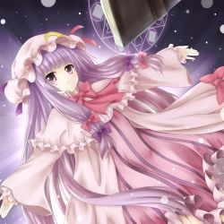 Rule 34 | 1girl, af-henrytz, bad id, bad pixiv id, book, bow, capelet, coat, colorized, crescent, dress, hair ribbon, hat, highres, light particles, long hair, long sleeves, looking at viewer, magic circle, open clothes, open coat, outstretched arms, patchouli knowledge, purple dress, purple eyes, purple hair, ribbon, solo, striped clothes, striped dress, touhou, tress ribbon, very long hair, wide sleeves