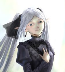 Rule 34 | 1girl, black bow, black dress, blue eyes, bow, bowtie, dress, earrings, elf, frank leung, frieren, funeral dress, hand up, highres, jewelry, long sleeves, pointy ears, puffy long sleeves, puffy sleeves, ring, simple background, smile, solo, sousou no frieren, twintails, upper body, white background, white hair