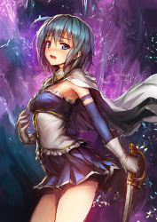 Rule 34 | 10s, 1girl, blue eyes, blue hair, blush, cape, corset, detached sleeves, gloves, lm7 (op-center), looking at viewer, magical girl, mahou shoujo madoka magica, mahou shoujo madoka magica (anime), matching hair/eyes, miki sayaka, open mouth, shirt, short hair, skirt, solo, sword, weapon, white gloves