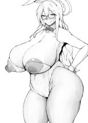 Rule 34 | 1girl, akane (blue archive), akane (bunny) (blue archive), animal ears, areola slip, bare shoulders, blue archive, blush, bow, bowtie, breasts, cleavage, cowboy shot, curvy, detached collar, fake animal ears, fake tail, glasses, gloves, greyscale, hair between eyes, hand on own hip, heart, highleg, highleg leotard, huge breasts, kurotama, large areolae, large nipples, leotard, long hair, monochrome, nipples, nose blush, playboy bunny, rabbit ears, rabbit tail, smile, solo, standing, tail, textless version, thick thighs, thighs