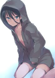 1girl bad_id bad_twitter_id black_hair blue_eyes breasts dutch_angle en@rain female_focus hair_between_eyes highres hood hoodie long_sleeves naked_hoodie sitting sleeves_past_wrists small_breasts solo thighhighs wariza white_thighhighs