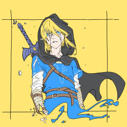 Rule 34 | 1boy, absurdres, bad id, bad pixiv id, belt, blonde hair, blue eyes, cape, capelet, highres, hood, jewelry, link, long sleeves, looking up, male focus, master sword, nintendo, open mouth, pointy ears, rain, sidelocks, simple background, solo, sword, the legend of zelda, the legend of zelda: breath of the wild, the legend of zelda: tears of the kingdom, upper body, water drop, weapon, wet, yellow background, ze ro