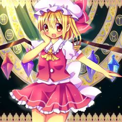 Rule 34 | 1girl, ascot, blonde hair, blush, bow, chocolat (momoiro piano), flandre scarlet, hand on own cheek, hand on own face, hat, hat bow, looking at viewer, mob cap, open mouth, pointy ears, puffy short sleeves, puffy sleeves, red eyes, sash, shirt, short sleeves, side ponytail, skirt, skirt set, smile, solo, touhou, vest, wings