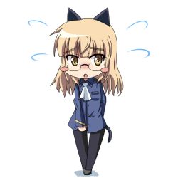 Rule 34 | 1girl, animal ears, ascot, bad id, bad pixiv id, blonde hair, blush stickers, cat ears, cat tail, chibi, flying sweatdrops, glasses, military, military uniform, norayinu, open mouth, pantyhose, perrine h. clostermann, solo, strike witches, tail, uniform, world witches series, yellow eyes