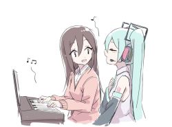 Rule 34 | 2girls, aqua hair, bare shoulders, beamed eighth notes, black sleeves, brown hair, commentary, detached sleeves, eighth note, closed eyes, grey shirt, hair ornament, hand on own chest, hatsune miku, instrument, long hair, looking at another, master (vocaloid), multiple girls, music, musical note, nejikyuu, open mouth, piano, playing instrument, playing piano, red sweater, shirt, shoulder tattoo, singing, sitting, sleeveless, sleeveless shirt, spoken musical note, straight hair, sweater, tattoo, twintails, upper body, very long hair, vocaloid
