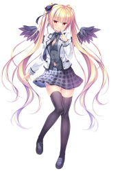 Rule 34 | 1girl, :q, black bow, black footwear, black shirt, black skirt, black thighhighs, black wings, blazer, blonde hair, blush, bow, breasts, closed mouth, collared shirt, commentary request, dress shirt, feathered wings, finger to mouth, full body, hair between eyes, hair bow, jacket, loafers, long hair, long sleeves, mini wings, open clothes, open jacket, original, plaid, plaid skirt, pleated skirt, red eyes, school uniform, shirt, shoes, simple background, skirt, small breasts, smile, solo, takano yuki (allegro mistic), thighhighs, tongue, tongue out, twintails, very long hair, white background, white jacket, wings
