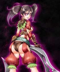 Rule 34 | 1041 (toshikazu), 1girl, armor, ass, aura, back, belt, belt buckle, belt skirt, black hair, blush, breasts, buckle, chakram, cross-laced clothes, eiserne drossel (weapon), eyeshadow, feathers, from behind, gauntlets, gloves, glowing, grin, hair between eyes, heart, holding, holding weapon, huge weapon, jewelry, lipstick, looking at viewer, looking back, makeup, medium breasts, mole, mole under eye, neck ring, o-ring, o-ring top, outline, panties, parted bangs, pink eyes, pinstripe pattern, planted, purple eyes, ring blade, short shorts, short twintails, shorts, sideboob, smile, solo, soul calibur, soulcalibur, soulcalibur iv, striped, suspenders, tira (soulcalibur), twintails, underwear, unitard, weapon