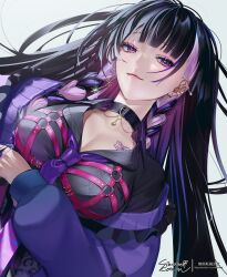 Rule 34 | 1girl, belt collar, black collar, black hair, black shirt, braid, breasts, chest tattoo, cleavage, collar, ear piercing, earrings, gold earrings, jacket, jewelry, large breasts, long hair, looking at viewer, meloco kyoran, multicolored hair, necktie, nijisanji, nijisanji en, open clothes, open jacket, piercing, purple eyes, purple hair, purple jacket, purple necktie, shirt, simanerikotton, smile, solo, spider web tattoo, streaked hair, tattoo, twin braids, virtual youtuber