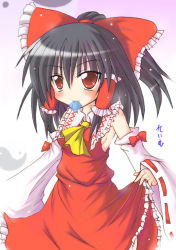 Rule 34 | 1girl, black hair, blush, bow, breasts, clothes lift, condom, condom in mouth, detached sleeves, dress, dress lift, female focus, frills, hair bow, hakurei reimu, japanese clothes, kamashi, long hair, miko, mouth hold, ponytail, red dress, red eyes, ribbon, sideboob, small breasts, solo, standing, touhou